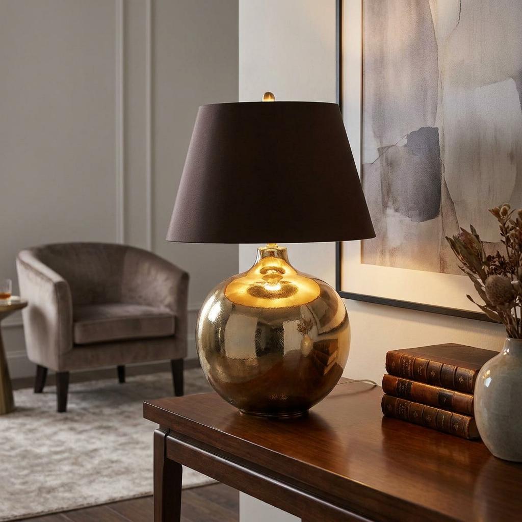 A bronze table lamp with a dark shade sits on a wooden desk beside books and a vase in a modern living room.