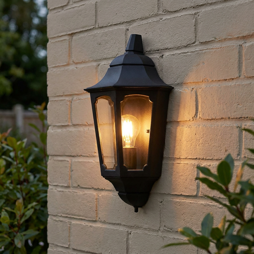 Black traditional-style outdoor half-lantern wall light with a glowing filament bulb on a brick wall.