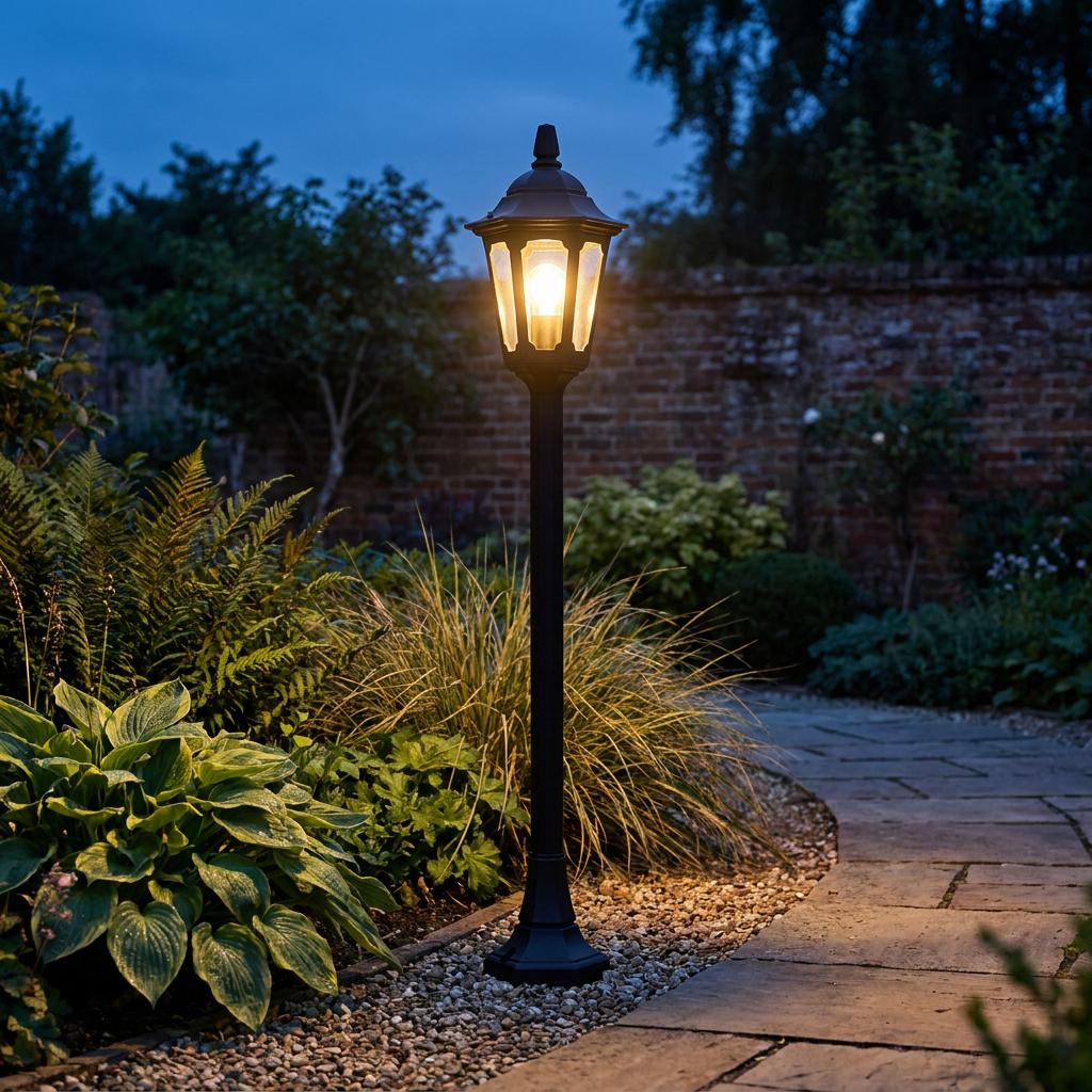 Black outdoor lantern bollard light casting a warm glow over a garden path and plants at dusk.