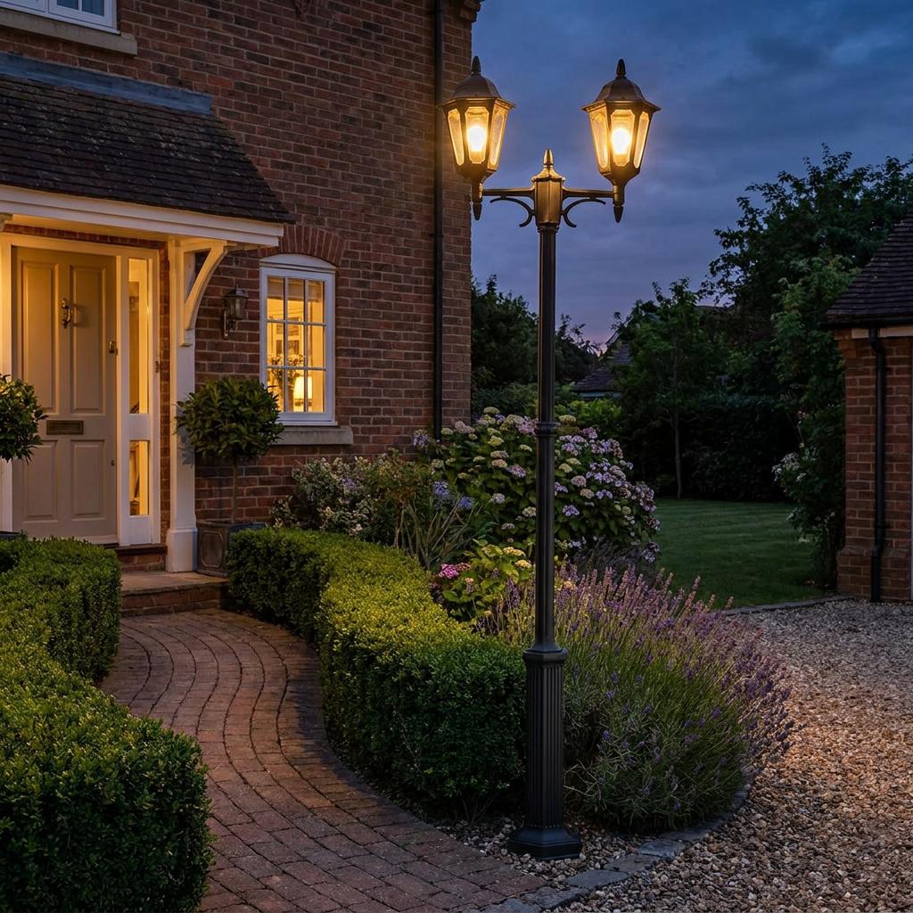 Black twin-arm lamp post illuminating a garden path by a brick house at twilight.