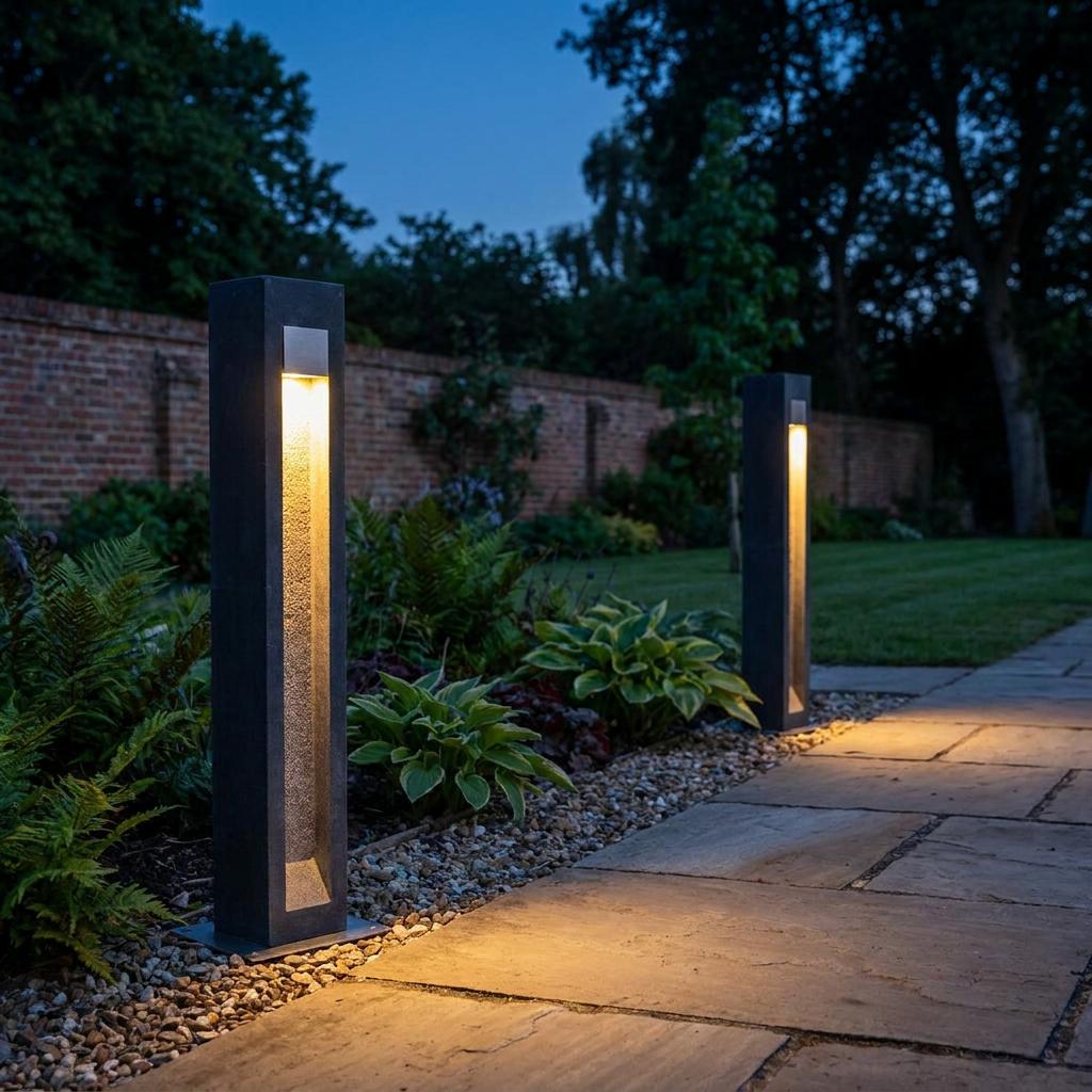 Modern grey LED bollard lights illuminate a stone garden path and surrounding plants at dusk.