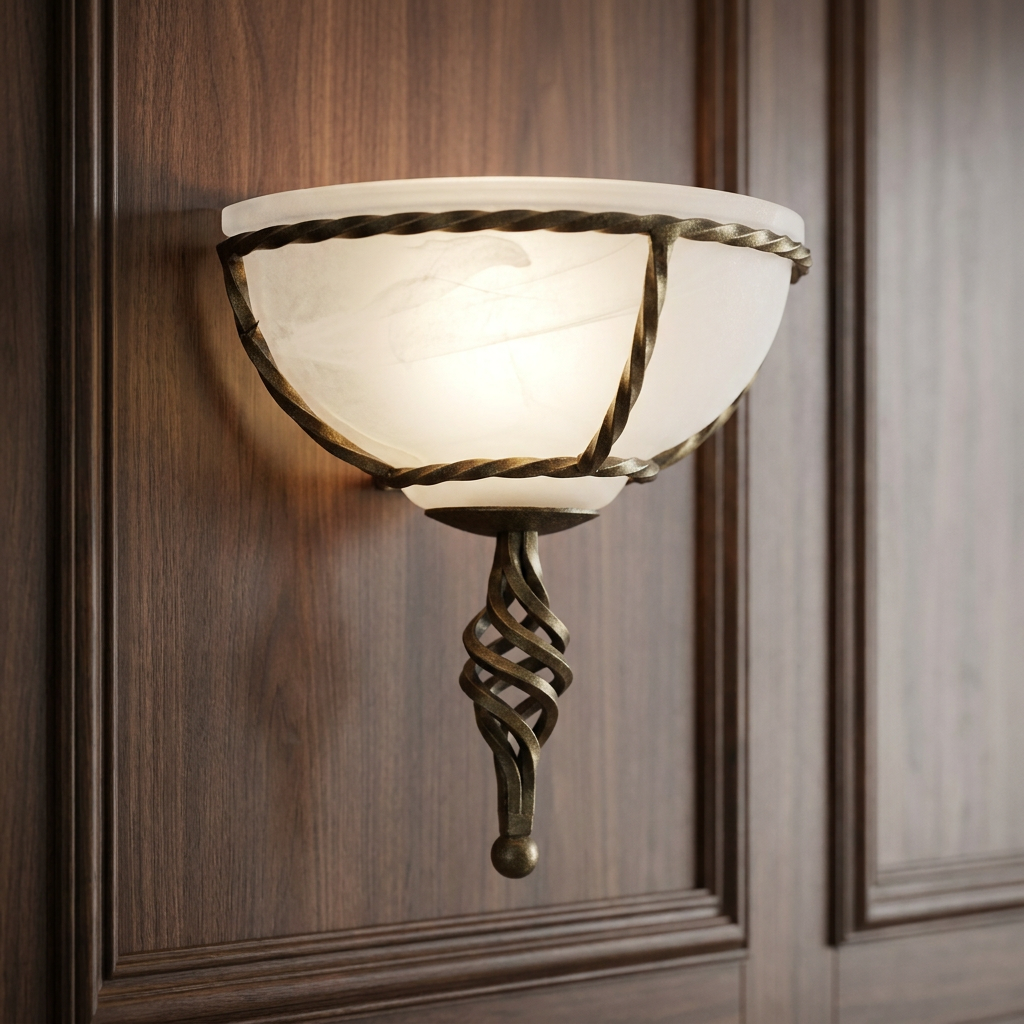 Elstead Pembroke wall light with frosted glass bowl and twisted black and gold frame on a dark wood wall.