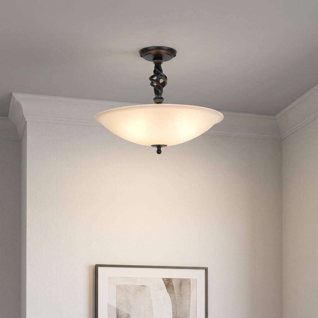 Black semi-flush ceiling light with a twisted stem and frosted glass bowl shade mounted on a white ceiling.