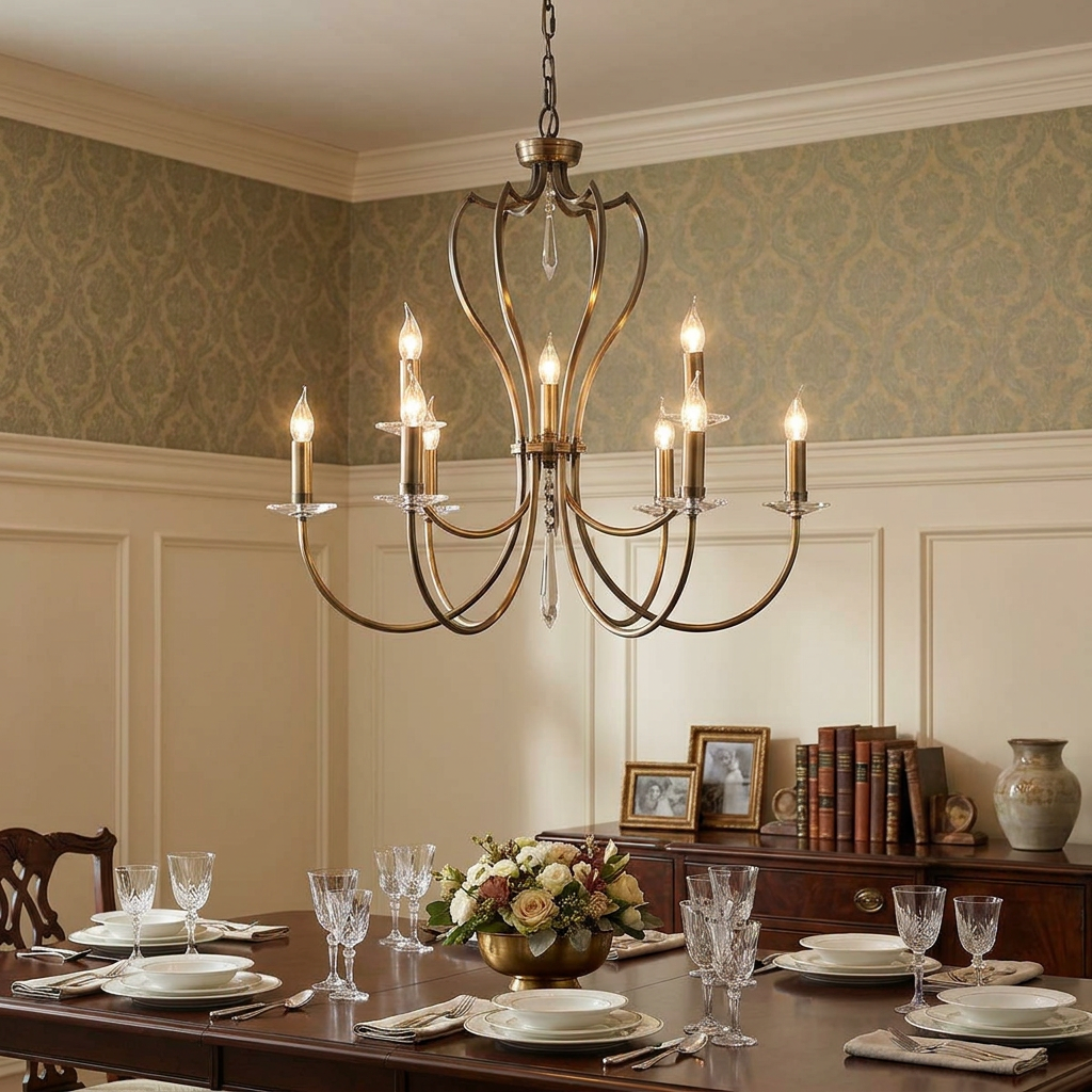 Dark bronze nine-light chandelier hanging over a formal dining table in a room with patterned wallpaper.