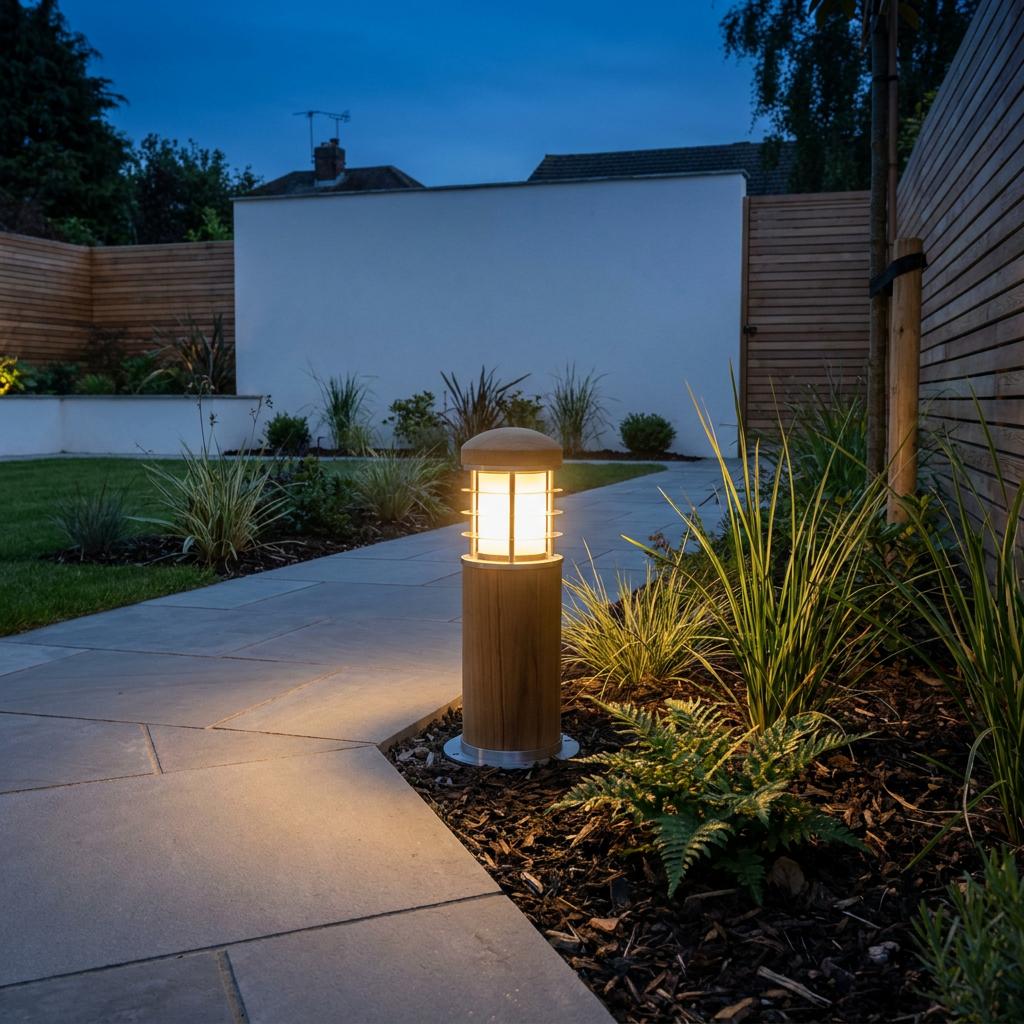 An Elstead Poole teak and stainless steel mini bollard light glowing on a modern garden path at dusk.