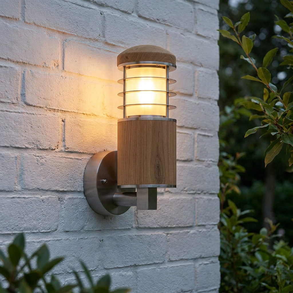 Glowing Elstead Poole teak and stainless steel outdoor wall light mounted on a white brick wall.