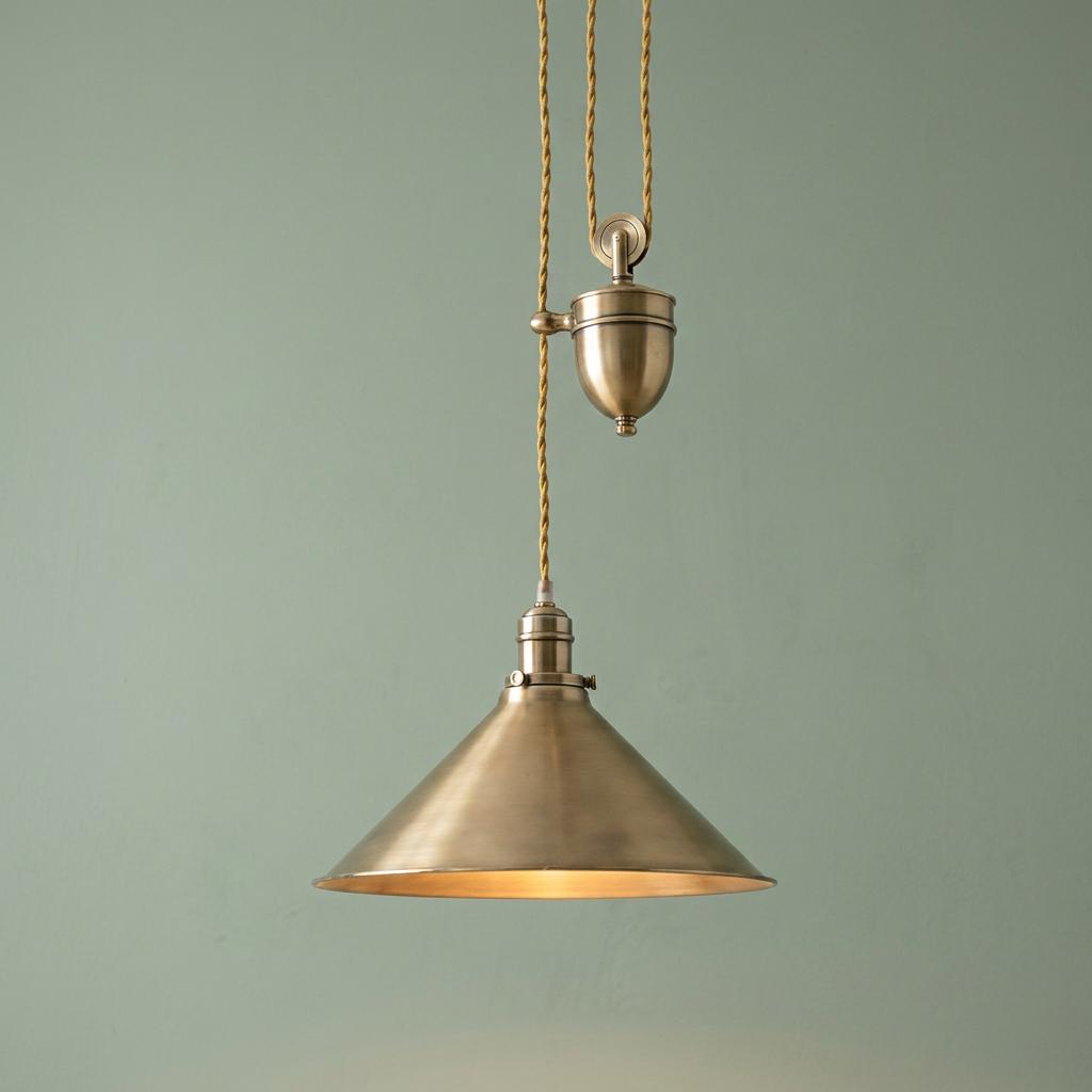 Aged brass rise and fall pendant light with a conical shade and pulley system against a light green wall.