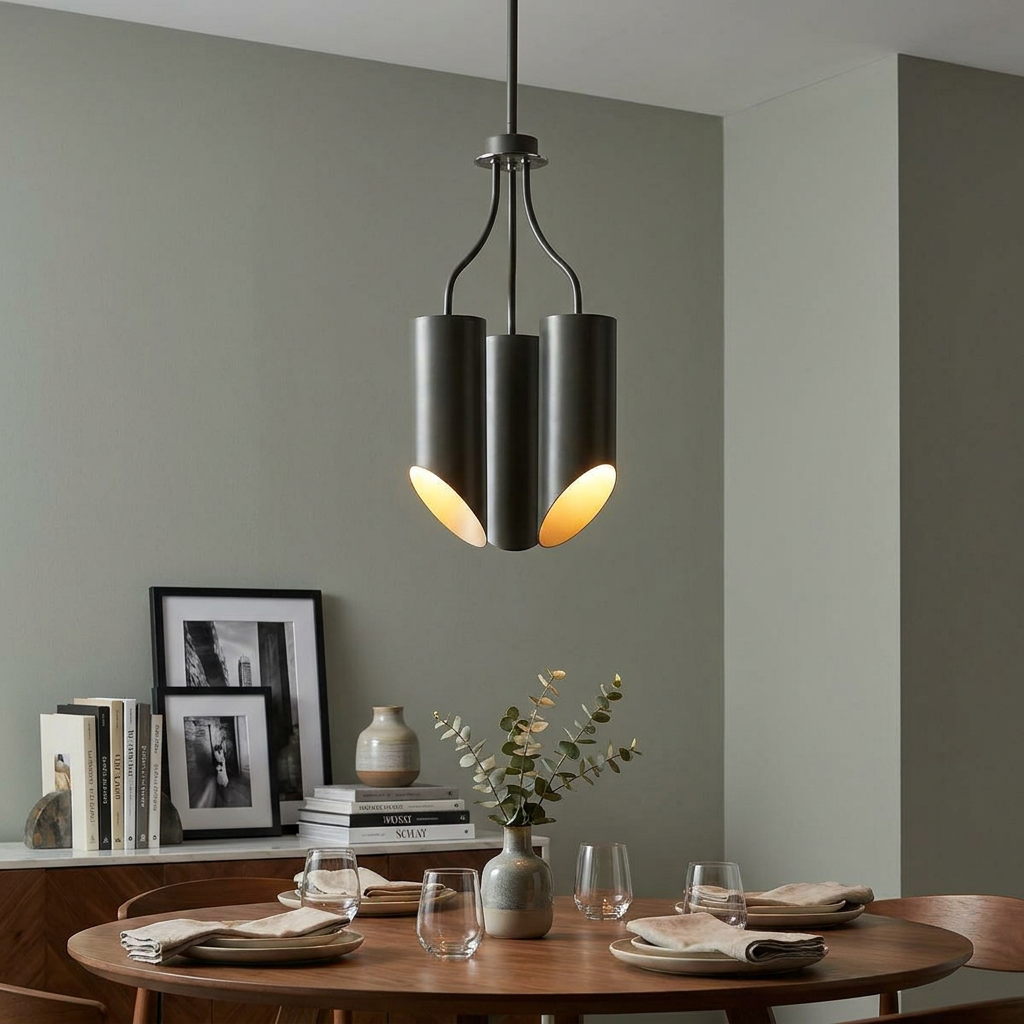 Elstead Quinto 3 light grey chandelier with angled cylindrical shades hanging over a wooden dining table.
