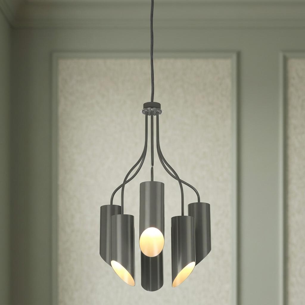 Contemporary six-light chandelier with angled grey cylindrical shades and polished nickel hardware.