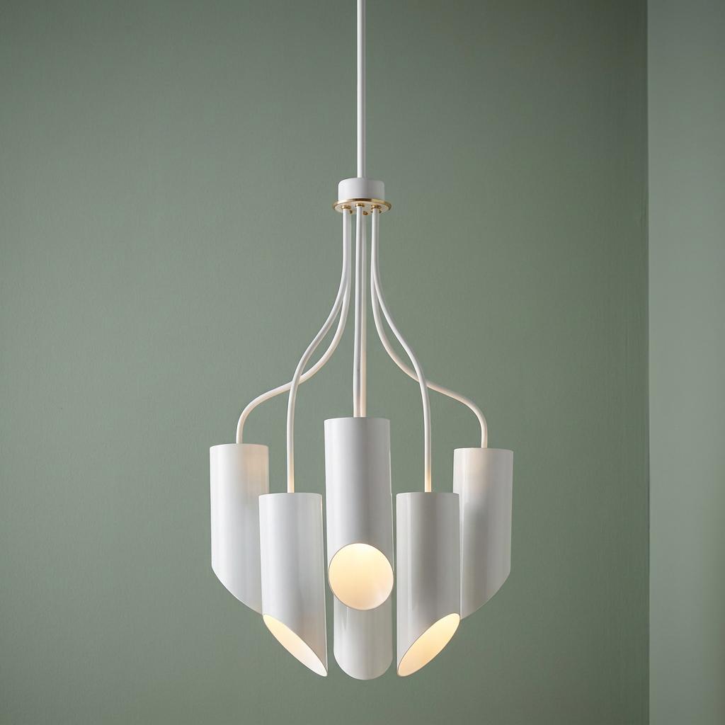 Elstead Quinto 6-light chandelier with white cylindrical shades and brass accents hanging against a green wall.