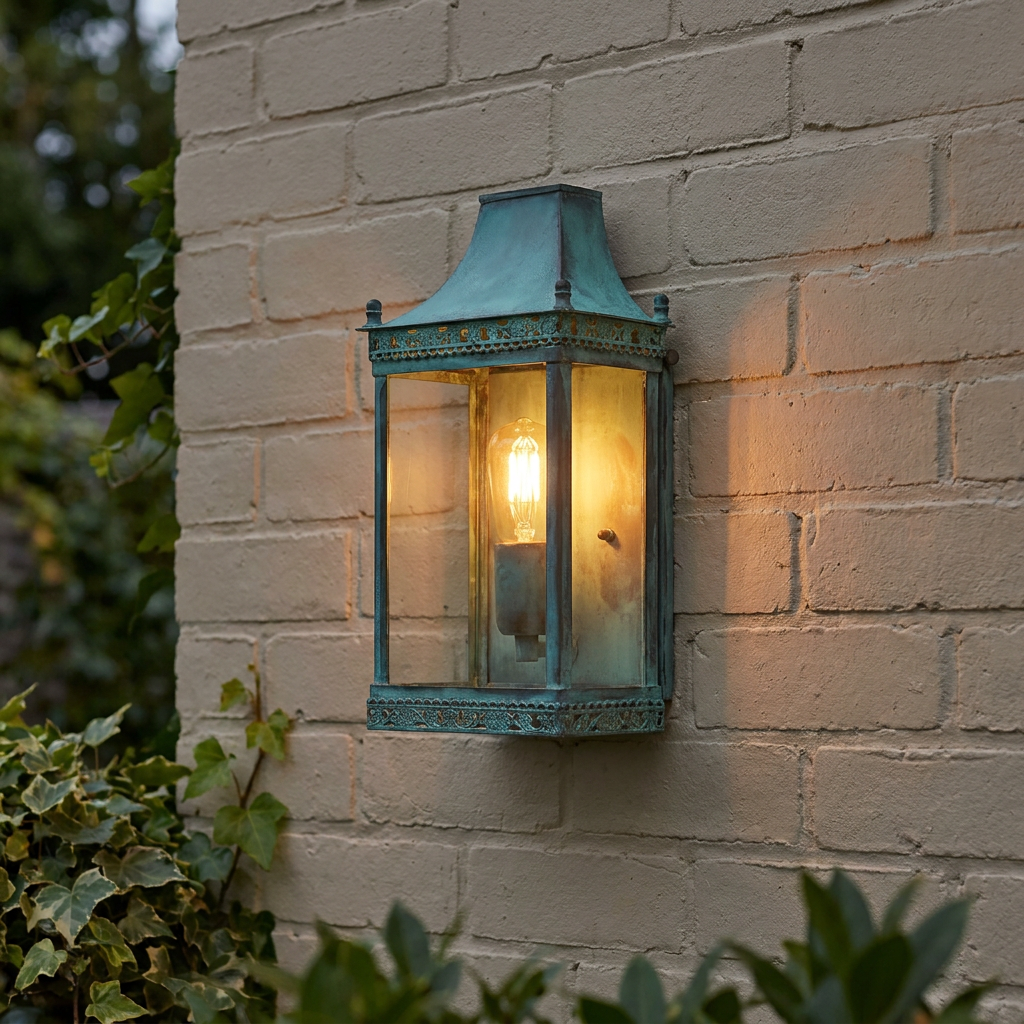 Traditional verdigris wall lantern with glowing bulb mounted on a cream brick wall among green ivy.