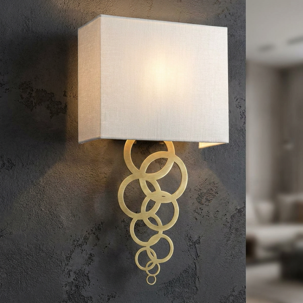 Aged brass wall light with a white rectangular shade and cascading interlocking rings on a textured dark wall.