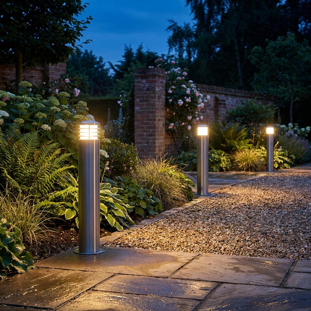 Three stainless steel bollard lights illuminating a stone garden path at twilight.