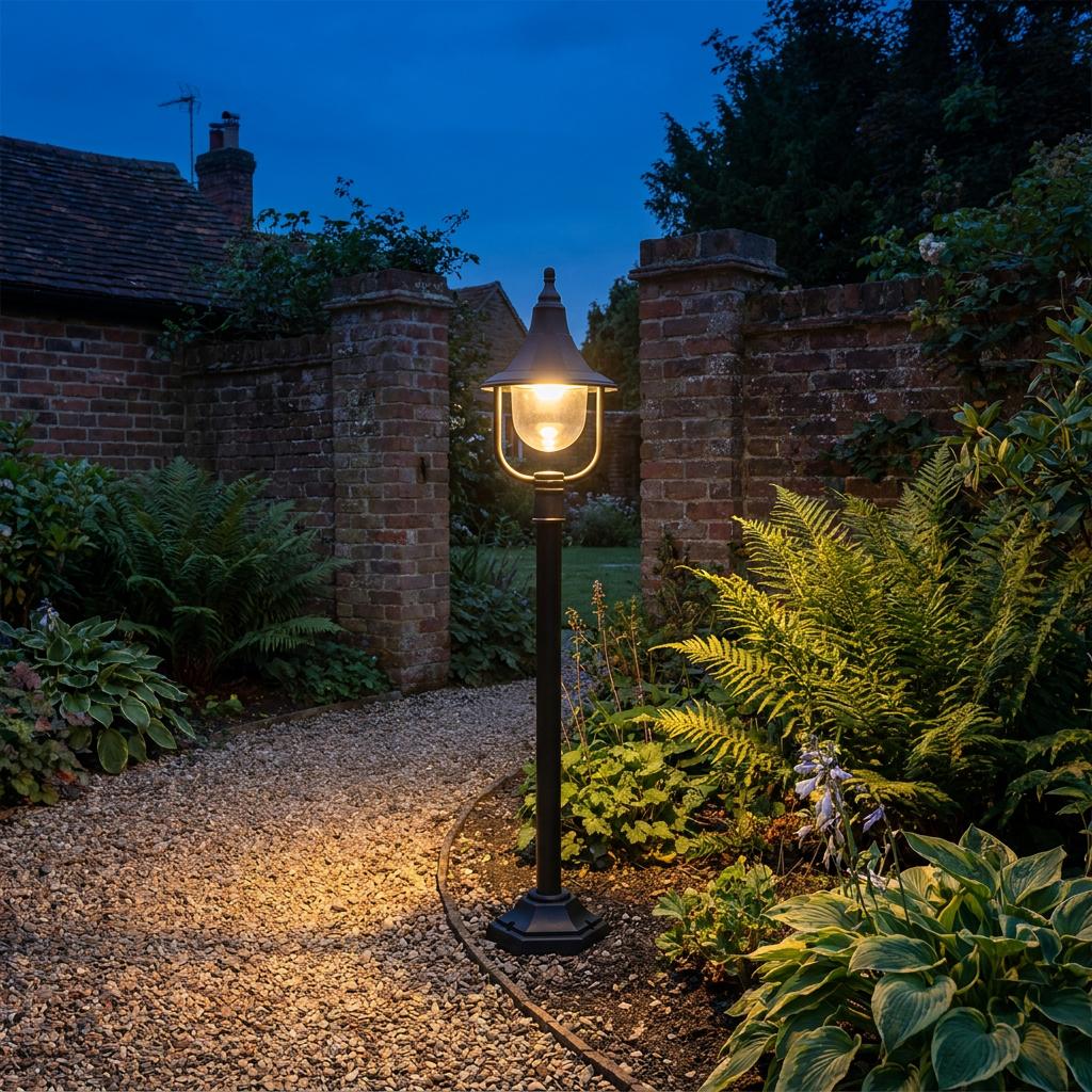 Black outdoor bollard light illuminating a gravel garden path and lush foliage next to brick walls at dusk.