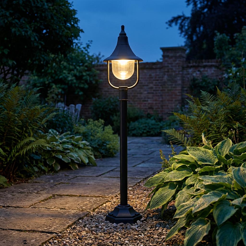 Traditional black outdoor bollard light casting a warm glow on a stone garden path at night.