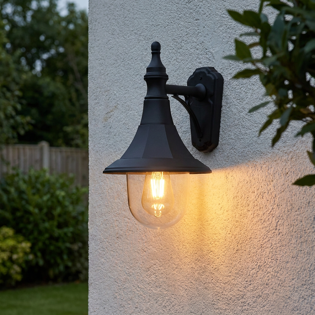 Traditional black outdoor downlighter wall light with a warm glowing filament bulb mounted on a textured white wall.