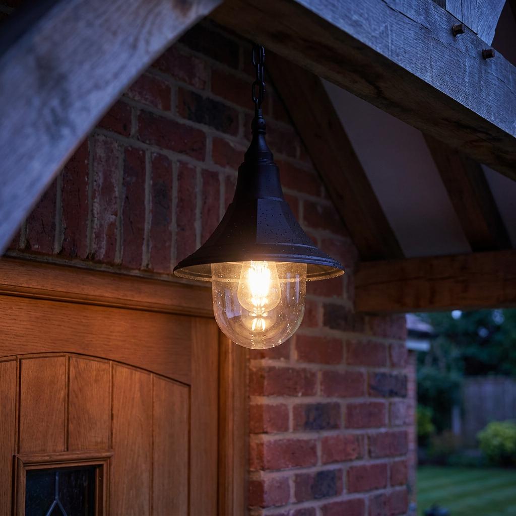 Elstead Shannon black outdoor pendant light with a glass shade hanging from a wooden beam over a brick wall.