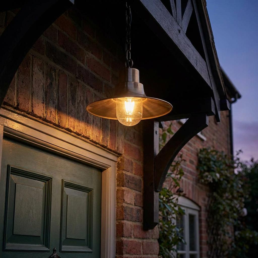 An Elstead Sheldon brass outdoor pendant light illuminated under a dark wooden porch of a brick house at dusk.