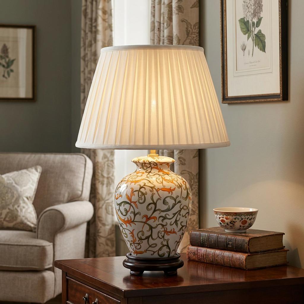 Ceramic table lamp with green and orange vine pattern and pleated shade glowing warmly on a wooden side table.