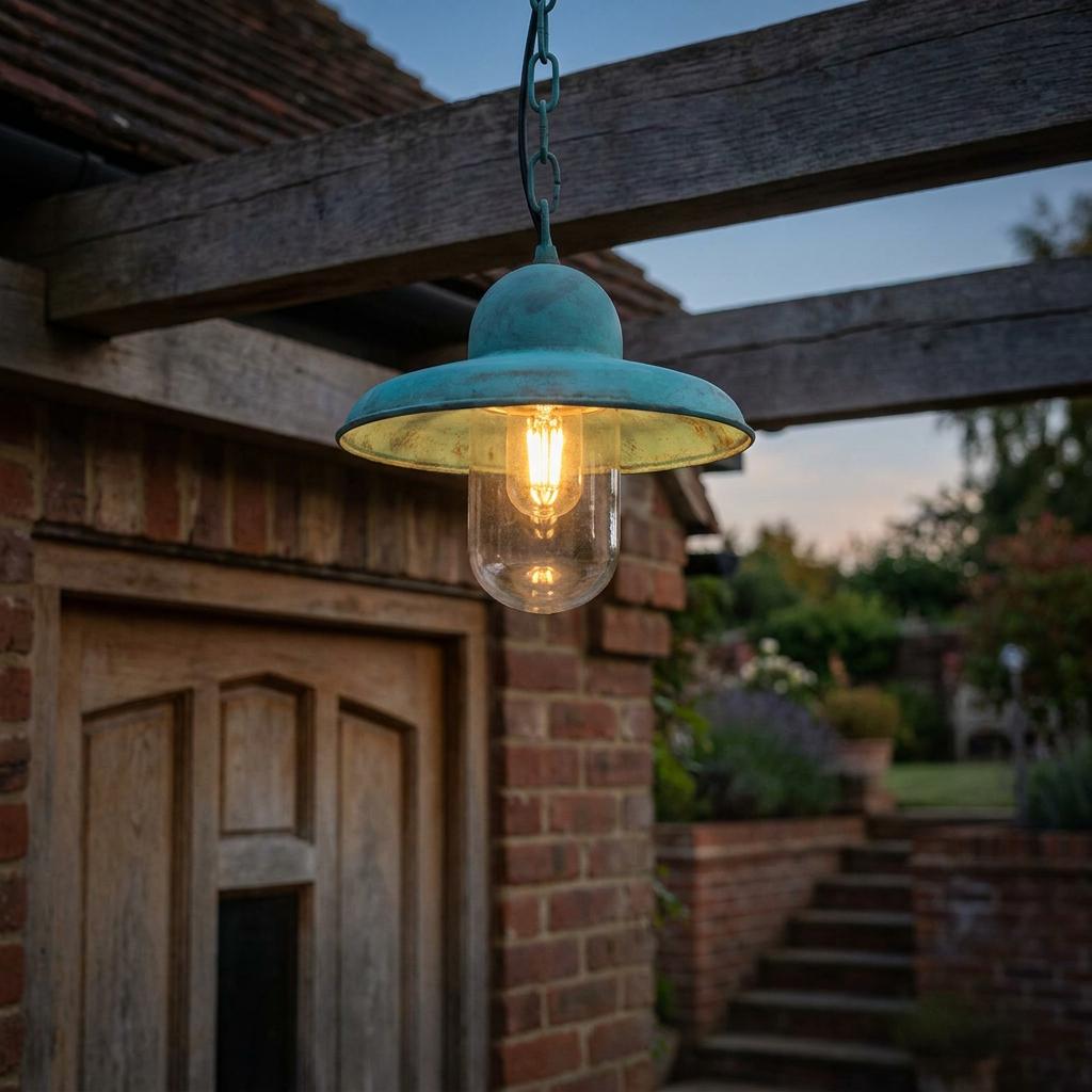 Elstead Somerton Verdigris outdoor pendant light glowing warmly from a wooden pergola at dusk.