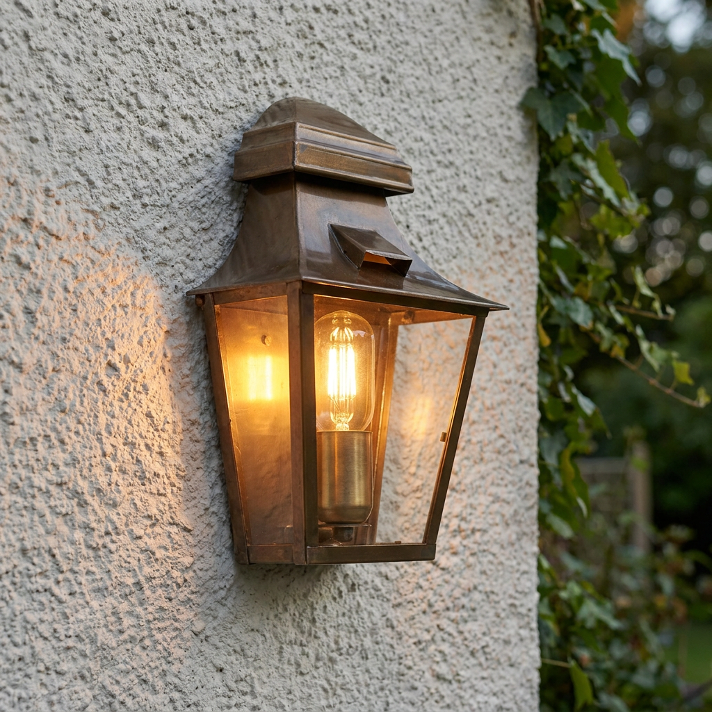 Traditional aged brass outdoor lantern with a glowing filament bulb mounted on a textured white exterior wall.
