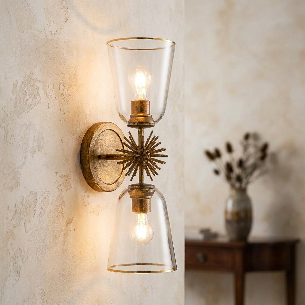 Elstead Staring Gold Double Wall Light with a sunburst center and glass shades mounted on a textured wall.
