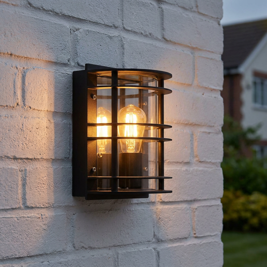 Black Elstead Stockholm flush wall light with a glowing bulb mounted on a white brick exterior.