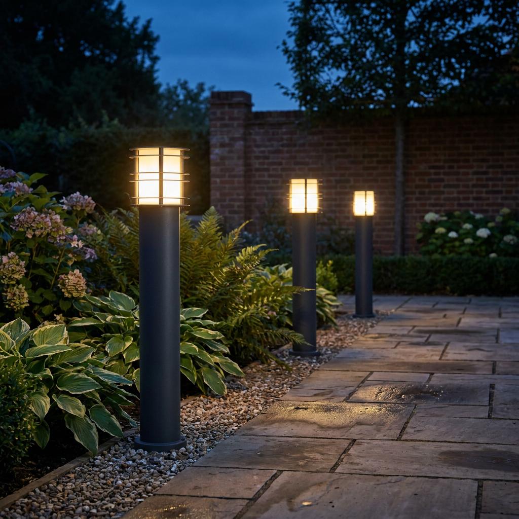 Three black Elstead Stockholm bollard lights illuminating a stone garden path at dusk.
