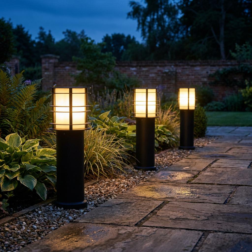 Three black outdoor bollard lights with a warm glow illuminate a stone garden pathway at dusk.