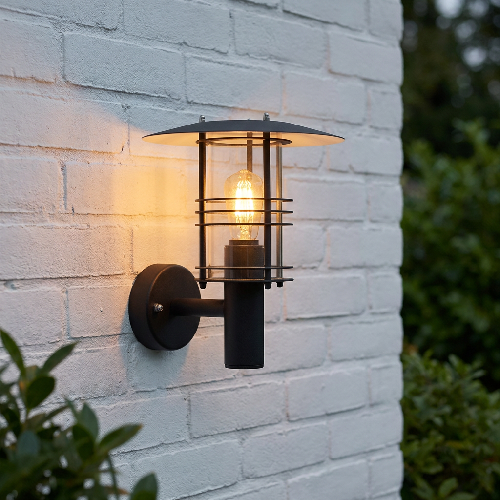 Elstead Stockholm black outdoor wall light with a warm filament bulb mounted on a white brick wall.