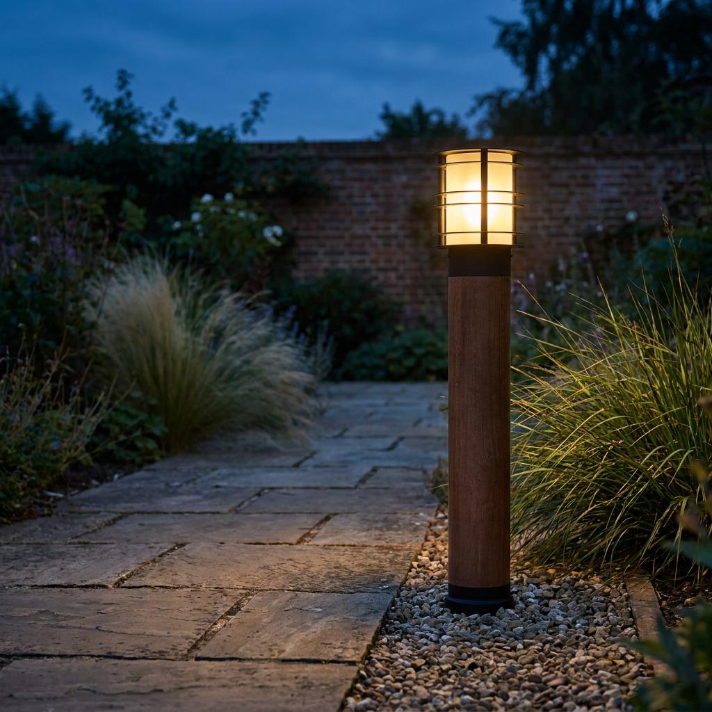 Lit Elstead Stockholm bollard with a wood base and black metal lantern on a stone garden path at dusk.