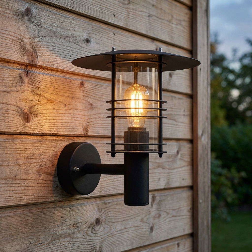 Black Scandinavian-style outdoor wall light with a glowing filament bulb mounted on a rustic wooden wall.