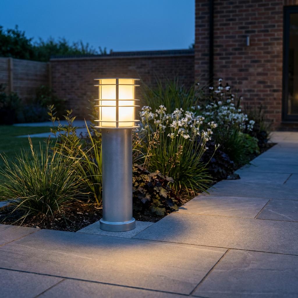 Modern steel bollard light with horizontal bands glows in a garden flower bed at night next to a stone path.