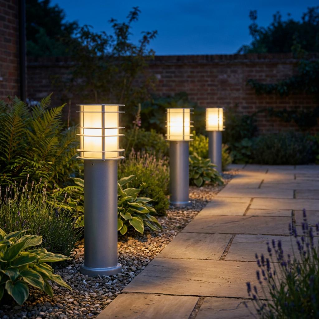 Three silver bollard lights with glowing warm lantern heads line a garden stone path at dusk.