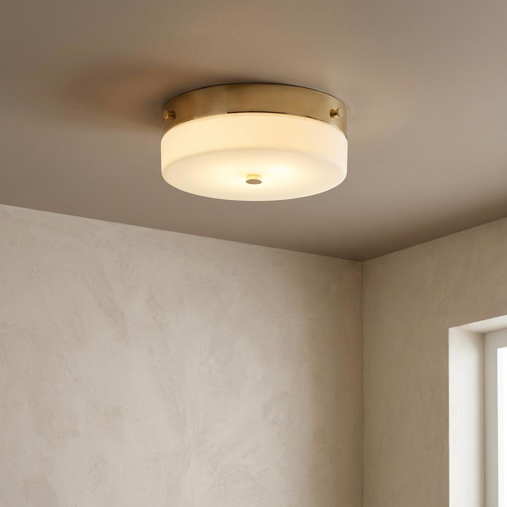 Gold flush-mount bathroom ceiling light with a frosted glass shade, illuminated on a neutral ceiling.