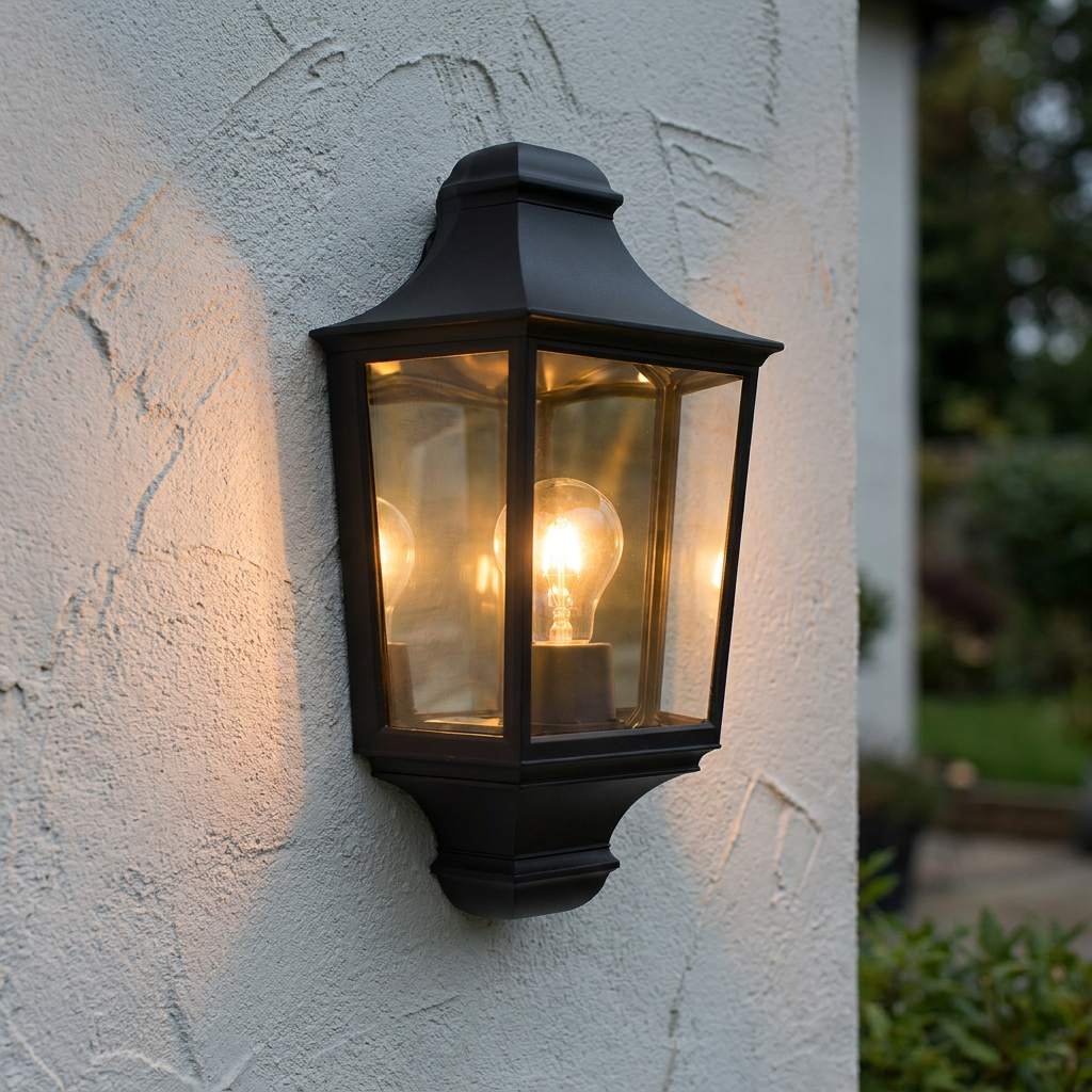 Black lantern-style wall light illuminated on a textured white exterior wall.