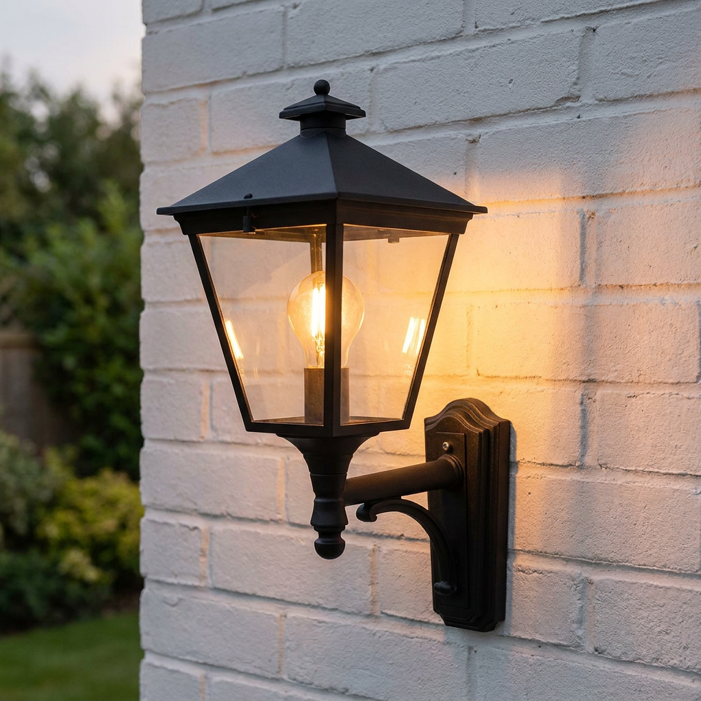Traditional black lantern outdoor wall light illuminated with a warm bulb on a white brick wall.