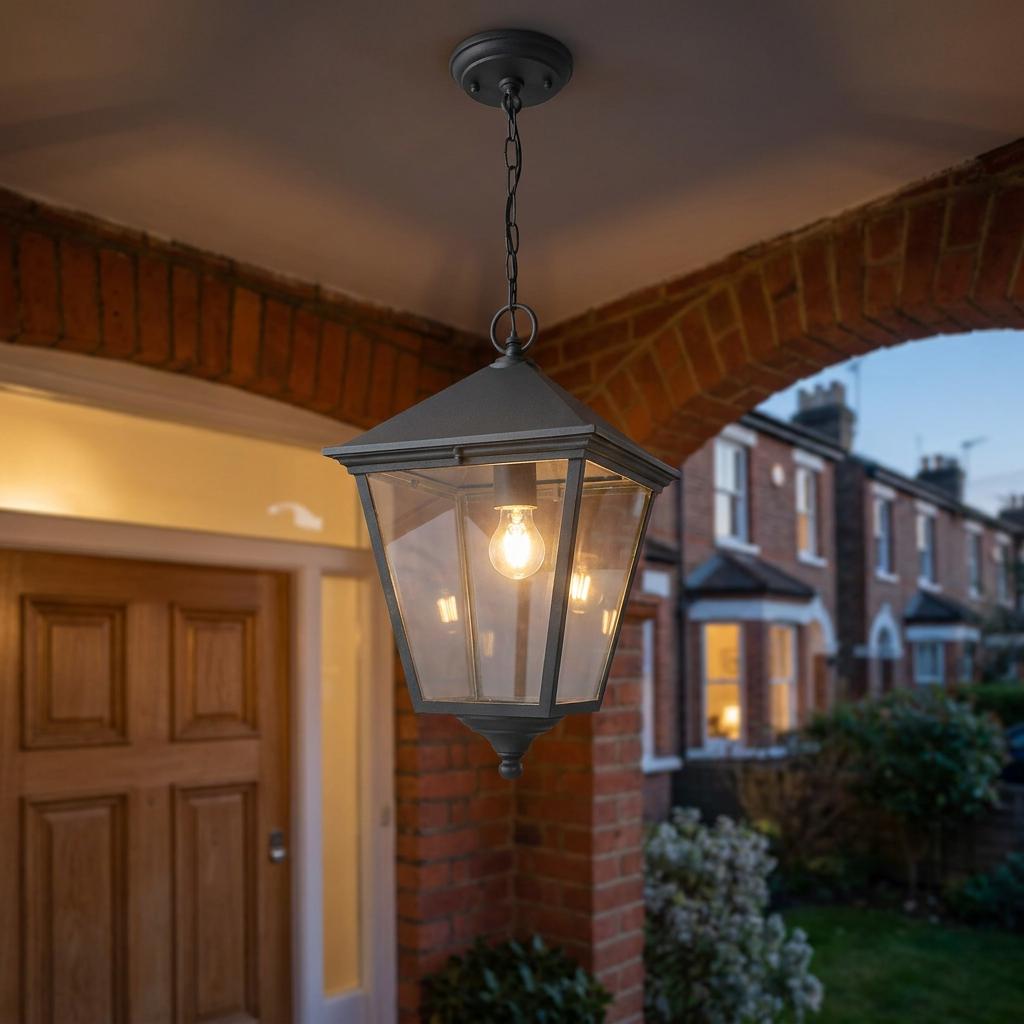 Black traditional lantern pendant light hanging from a brick porch ceiling, lit against a twilight sky.