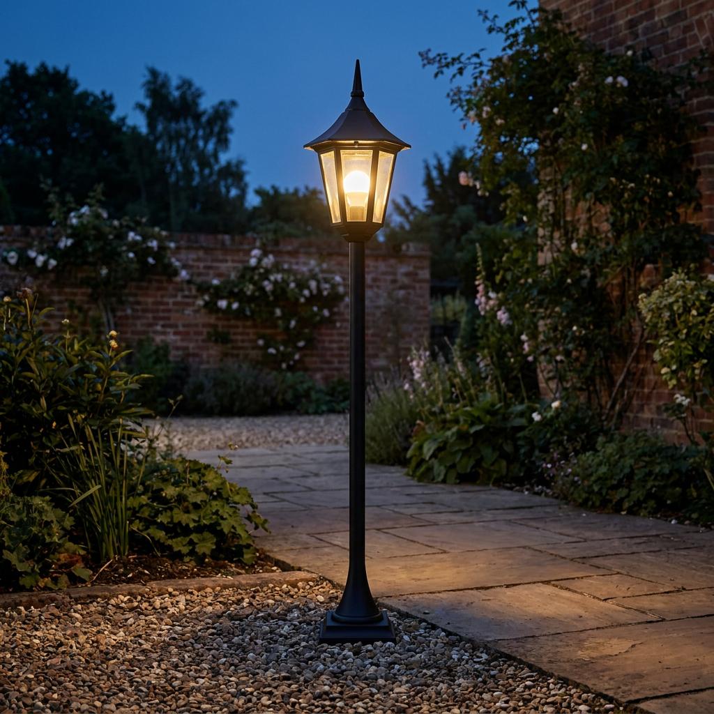 A black outdoor lantern bollard light illuminates a stone garden path at dusk near a brick wall.