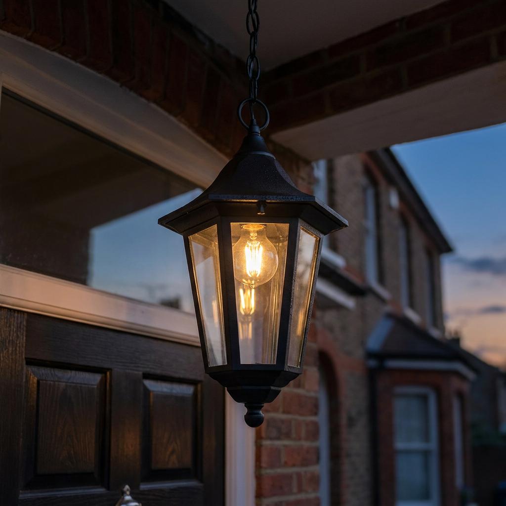 Black Valencia lantern-style outdoor pendant light with a warm filament bulb hanging from a porch ceiling.