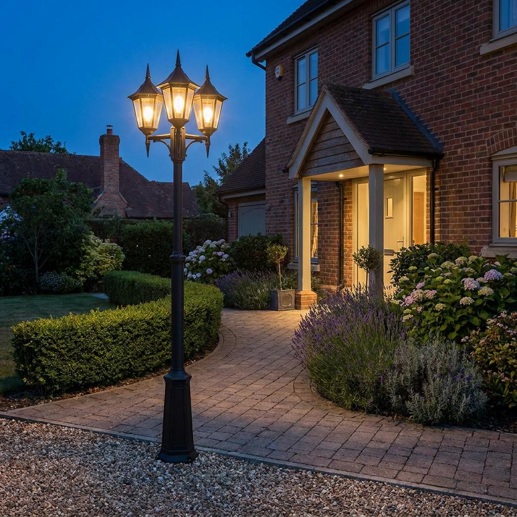 A lit black three-arm lantern lamp post standing on a paved driveway in front of a brick house at dusk.