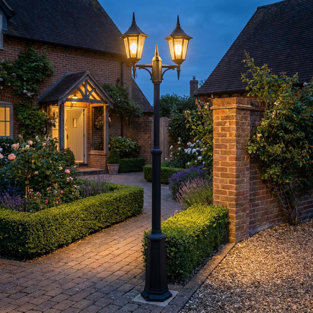 Black twin-arm outdoor lamp post illuminating a brick path in a landscaped cottage garden at twilight.