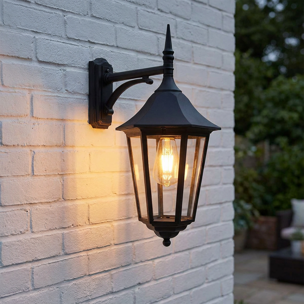 Traditional black lantern wall light with a warm glowing bulb mounted on a white brick wall.