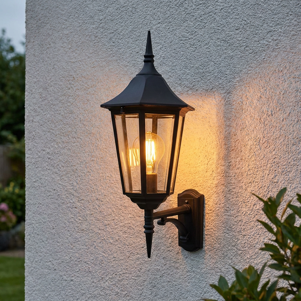 Black lantern-style outdoor wall light with clear glass and warm bulb mounted on a white textured exterior wall.