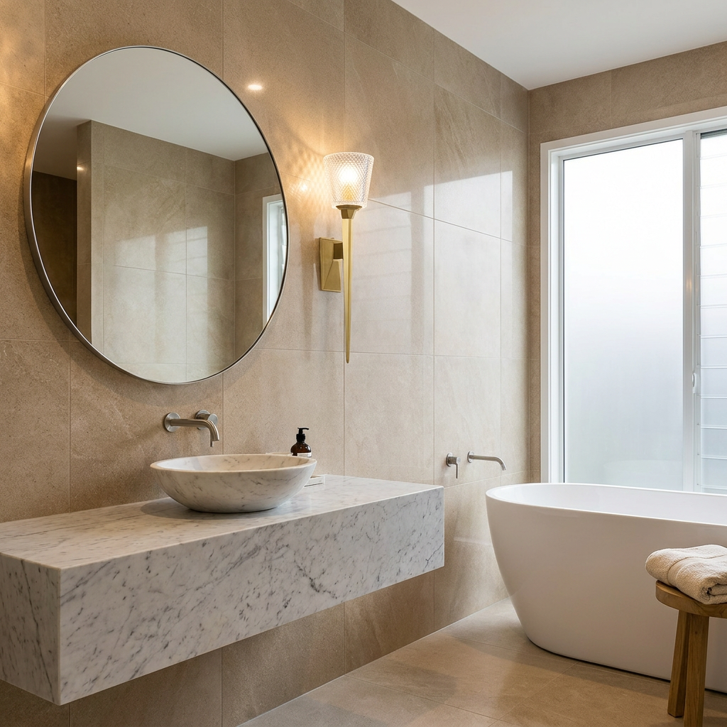 Brushed brass bathroom wall light with a textured glass shade mounted next to a circular mirror in a modern bathroom.