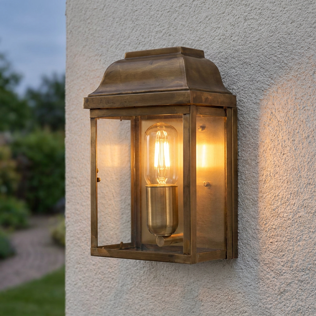 An aged brass outdoor wall lantern with a warm filament bulb mounted on a white textured wall.