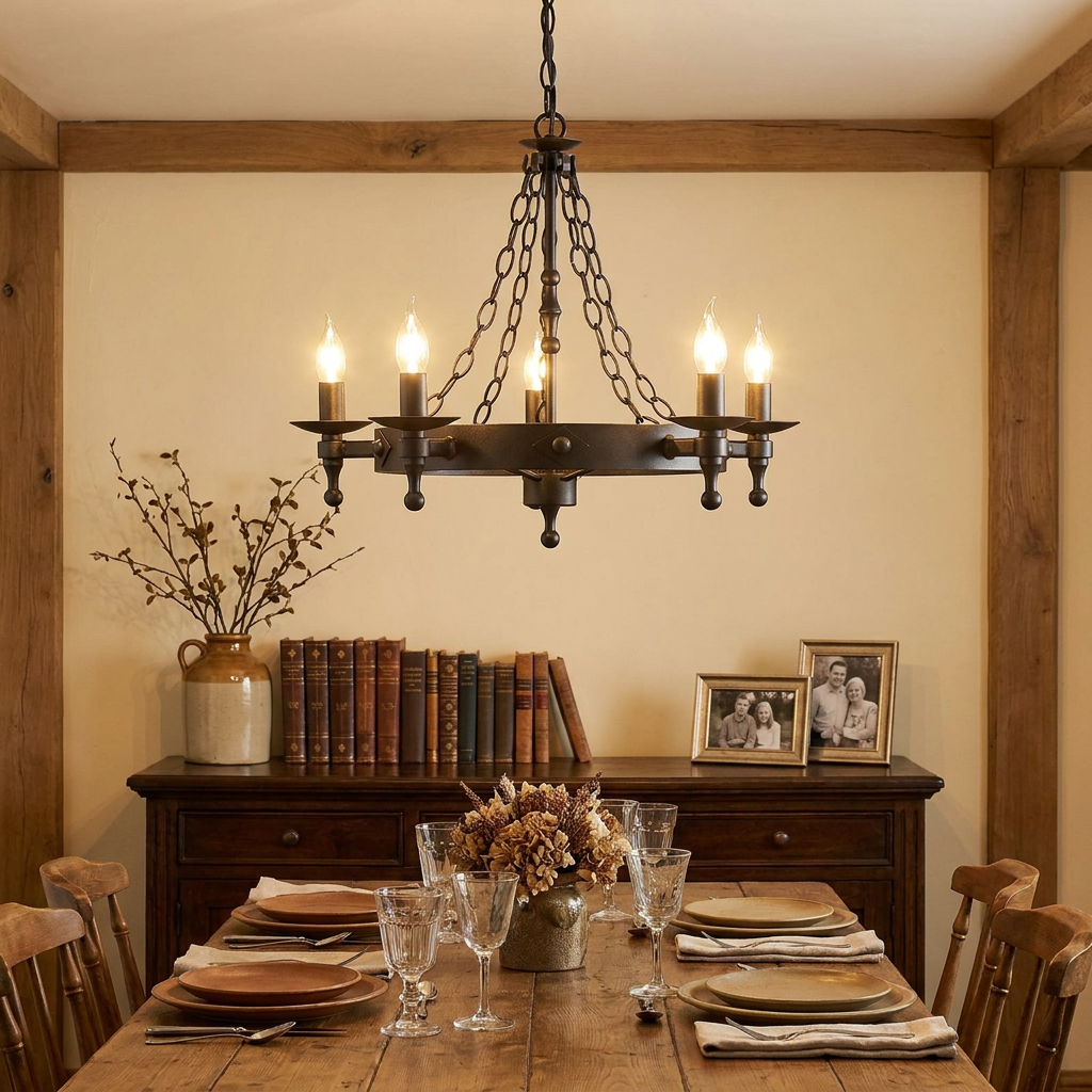Graphite 5-light chandelier hanging over a rustic dining table in a room with warm lighting and wooden accents.