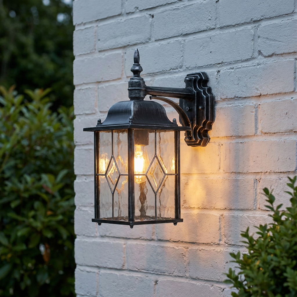 Traditional black and silver outdoor wall lantern with leaded glass, mounted on a white brick wall.