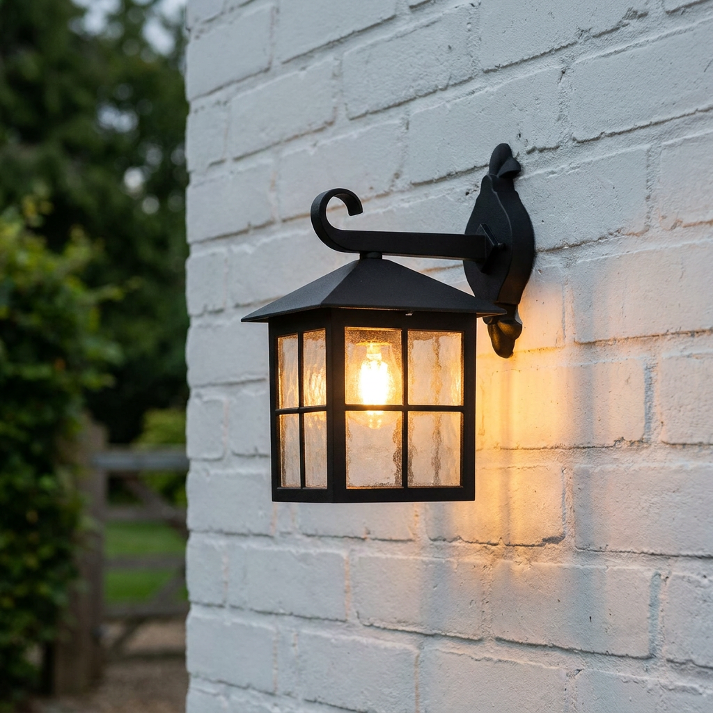 Traditional black lantern wall light with textured glass panes illuminated on a white brick wall.