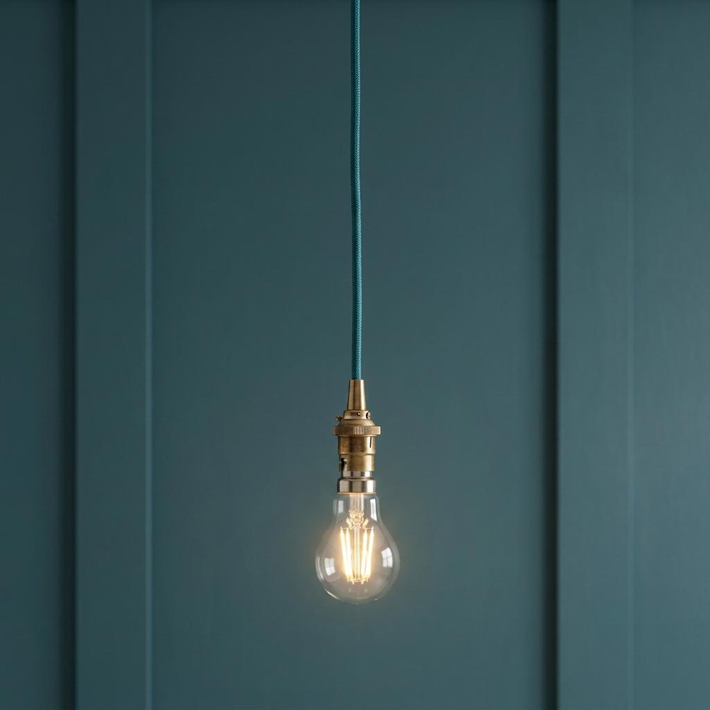 Lit filament bulb with brass socket and blue fabric cable against a teal paneled wall.